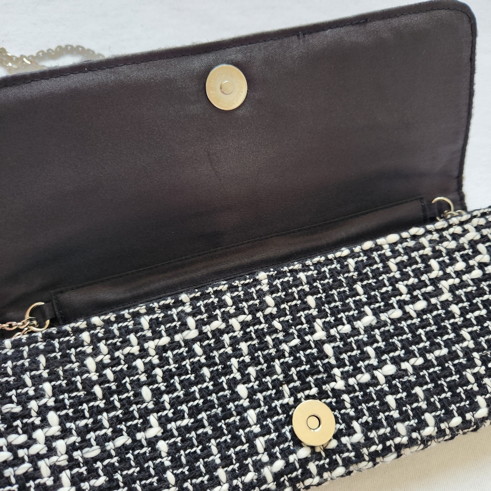 Cache Tweed Shoulder Bag Clutch Black White Silver Chain Sparkle Chic Elegant - Picture 8 of 16